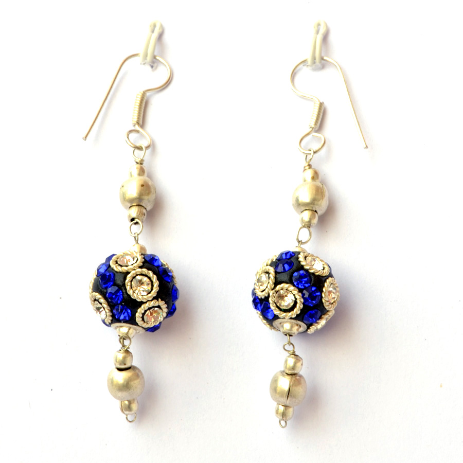 Handmade Earrings having Black Beads with White & Blue Rhinestones ...