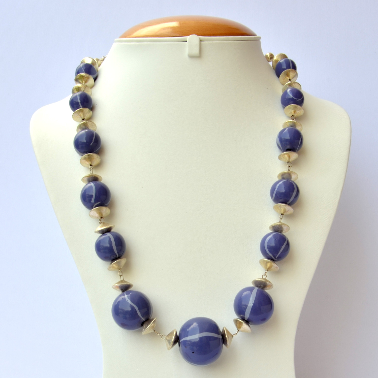 Handmade Necklace with Dark Blue Lac Beads having Light Blue Stripes ...